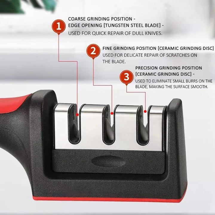 Multifunctional knife and scissor sharpener.